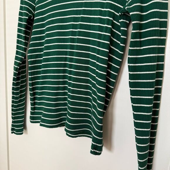Uniqlo Shirt Womens Sz M Green White Striped Ribbed Long Sleeve Pullover Stretch - Picture 3 of 12